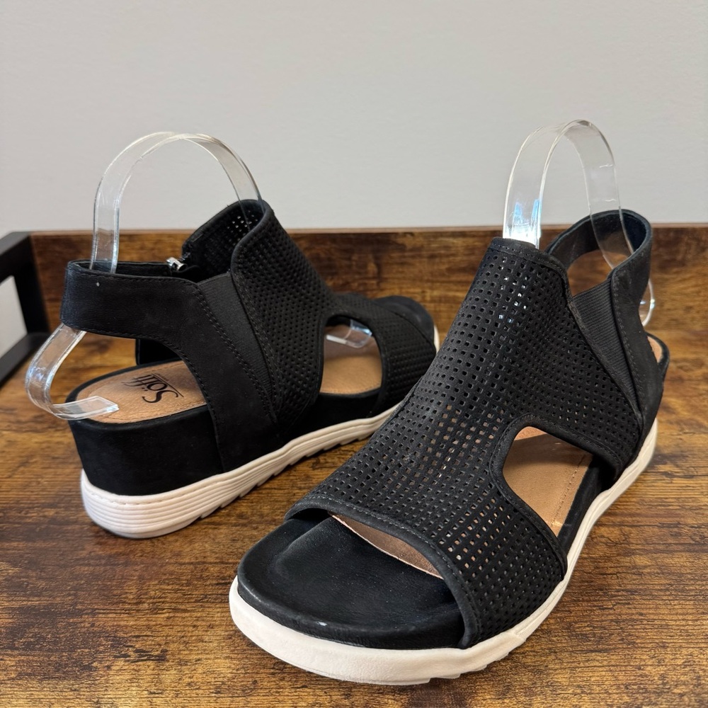 Sofft Shandi Black Suede Perforated‎ Open Toe Wedge Sandals, women’s size 10